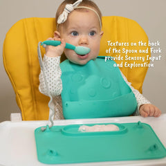 Busy Baby utensils set closeup demonstrates durable silicone and Tritan materials.
