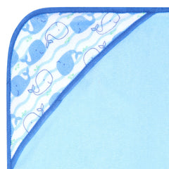 Buttons & Stitches Blue Whale hooded towels embroidery detail on edge, cute baby gift appeal.