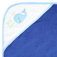 Buttons & Stitches Blue Whale hooded towels hood detail, helps keep baby warm after baths.