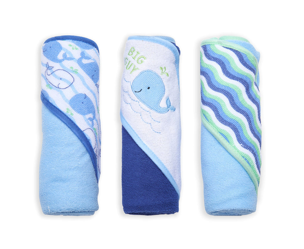 Buttons & Stitches Blue Whale hooded towels front view, cozy post-bath wrap in a 3-pack.