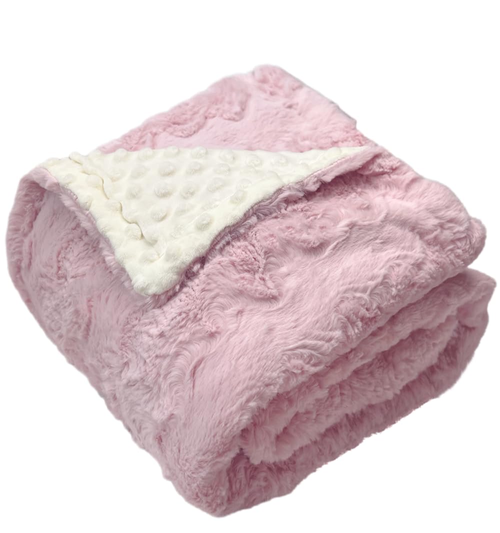 Buttzo baby blanket pink dot close-up shows plush minky texture for cozy snuggles.