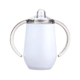 Buumin stainless steel sippy cup in white with handles keeps drinks stable on the go for toddlers.