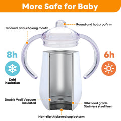 Buumin vacuum insulated 10oz cup keeps beverages at temperature for hours, ideal for commutes and school.