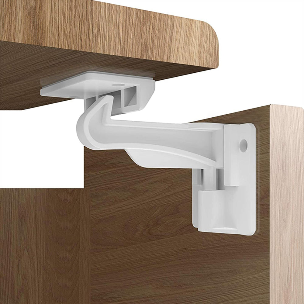 Buumook invisible cabinet latch on a closed cabinet door for discreet childproofing.