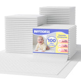 Buyockss disposable changing pad liners 100-pack front view for bulk convenience and clean diaper changes.