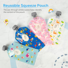 BUZIO colorful animal-design pouches brighten mealtime and encourage self-feeding.