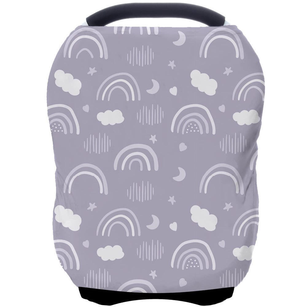 ByeBye Calorie car-seat-cover in grey rainbow provides private feeding on the go.