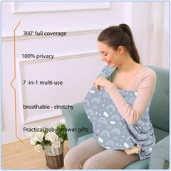 ByeBye Calorie stroller cover in grey rainbow shields baby from sun outdoors.