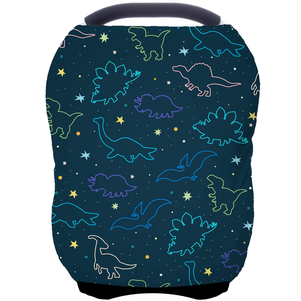 ByeBye Calorie carseat cover in dark blue dinosaur shows breathable fabric for baby comfort.