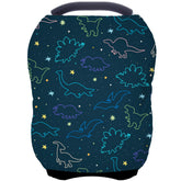 ByeBye Calorie carseat cover in dark blue dinosaur shows breathable fabric for baby comfort.