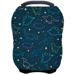 ByeBye Calorie carseat cover in dark blue dinosaur shows breathable fabric for baby comfort.