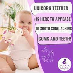 caaocho Mira Unicorn Teether in baby mouth shows textured surface for tactile exploration.