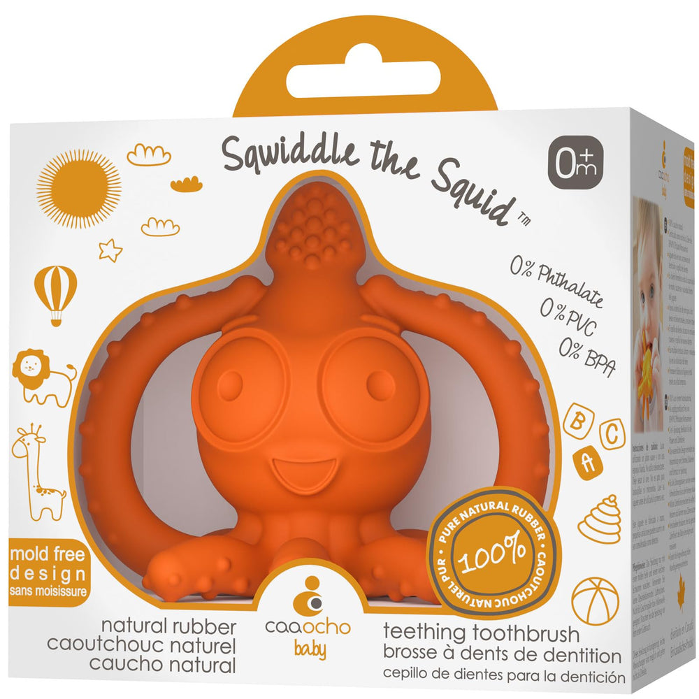 caaocho Sqwiddle Squid teether front view promotes safe chewing for growing gums.