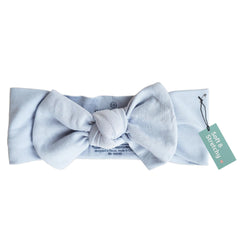 Caden Lane headwrap in Mist Blue with knotted bow for stylish newborn photo shoots.