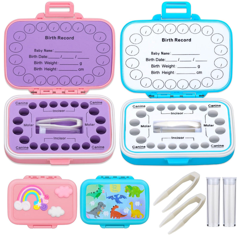 Caffox tooth holders blue-pink pack front designed for organized, kid-friendly keepsake storage.