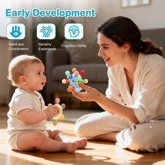 CAHILON multi-sensory silicone ball – rattle ring and beads – encourages tactile exploration.