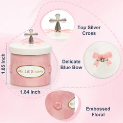 CalabasasMade pink ceramic keepsake box, compact storage with silver cross.