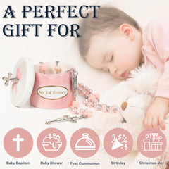CalabasasMade pink rosary beads closeup, delicate infant beads for precious moments.