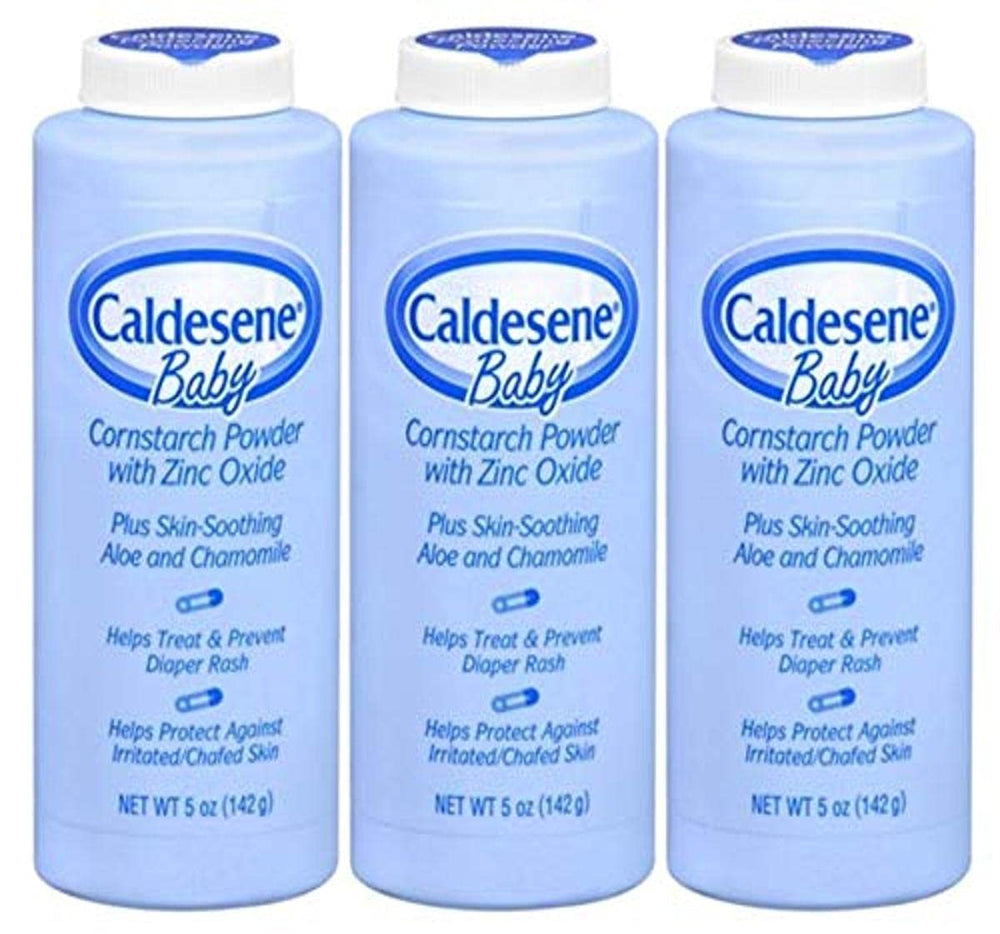 Caldesene corn starch baby powder with zinc oxide 3-pack packaging helps keep baby skin dry