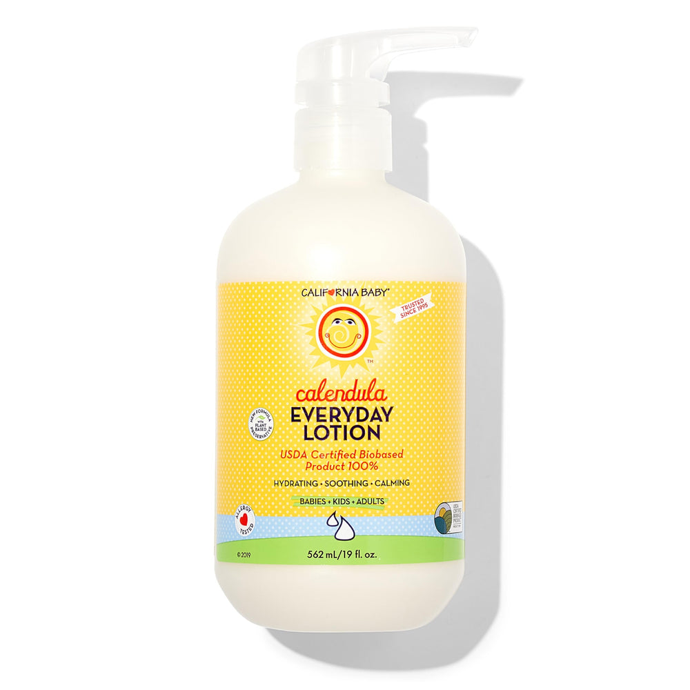 California Baby Calendula Lotion label highlights plant-based formula for sensitive skin.