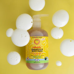 California Baby Calendula shampoo-wash foam demonstrates soft lather for sensitive scalps