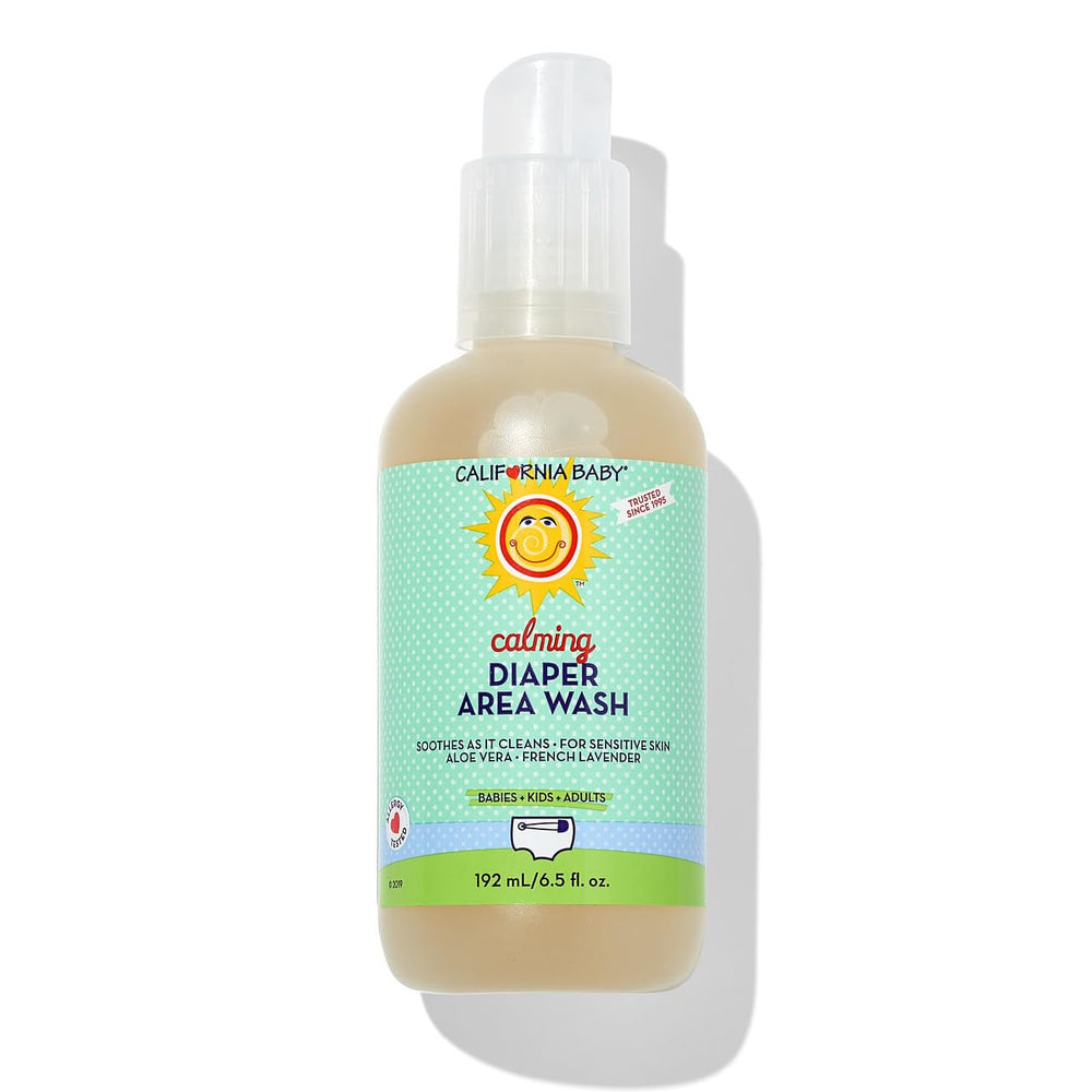 California Baby Diaper Spray bottle mist close-up demonstrates gentle cleansing for sensitive skin.