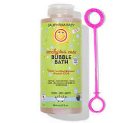 California Baby eucalyptus bubble bath bottle highlights plant-based bubbles for sensitive skin