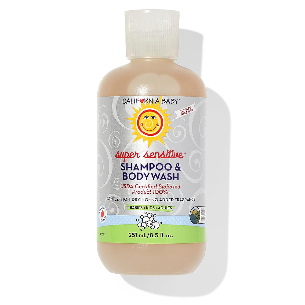 California Baby Super Sensitive bottle shows a gentle 2-in-1 cleanser for delicate skin