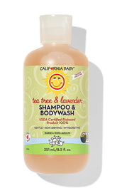 California Baby Tea Tree & Lavender baby wash bottle, plant-based formula for sensitive skin.