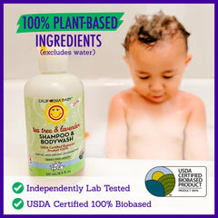 California Baby Tea Tree & Lavender lather demonstrates gentle 2-in-1 clean.