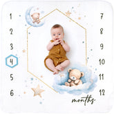 Calloo Baby Monthly Milestone Blanket Sleepy Bear closeup shows plush fleece warmth for cozy photos.
