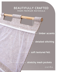 Calloo soft felt design with timber accents adds calm, durable style.