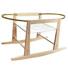 Calvana basket stand front view shows secure fit and natural wood warmth for newborn setup