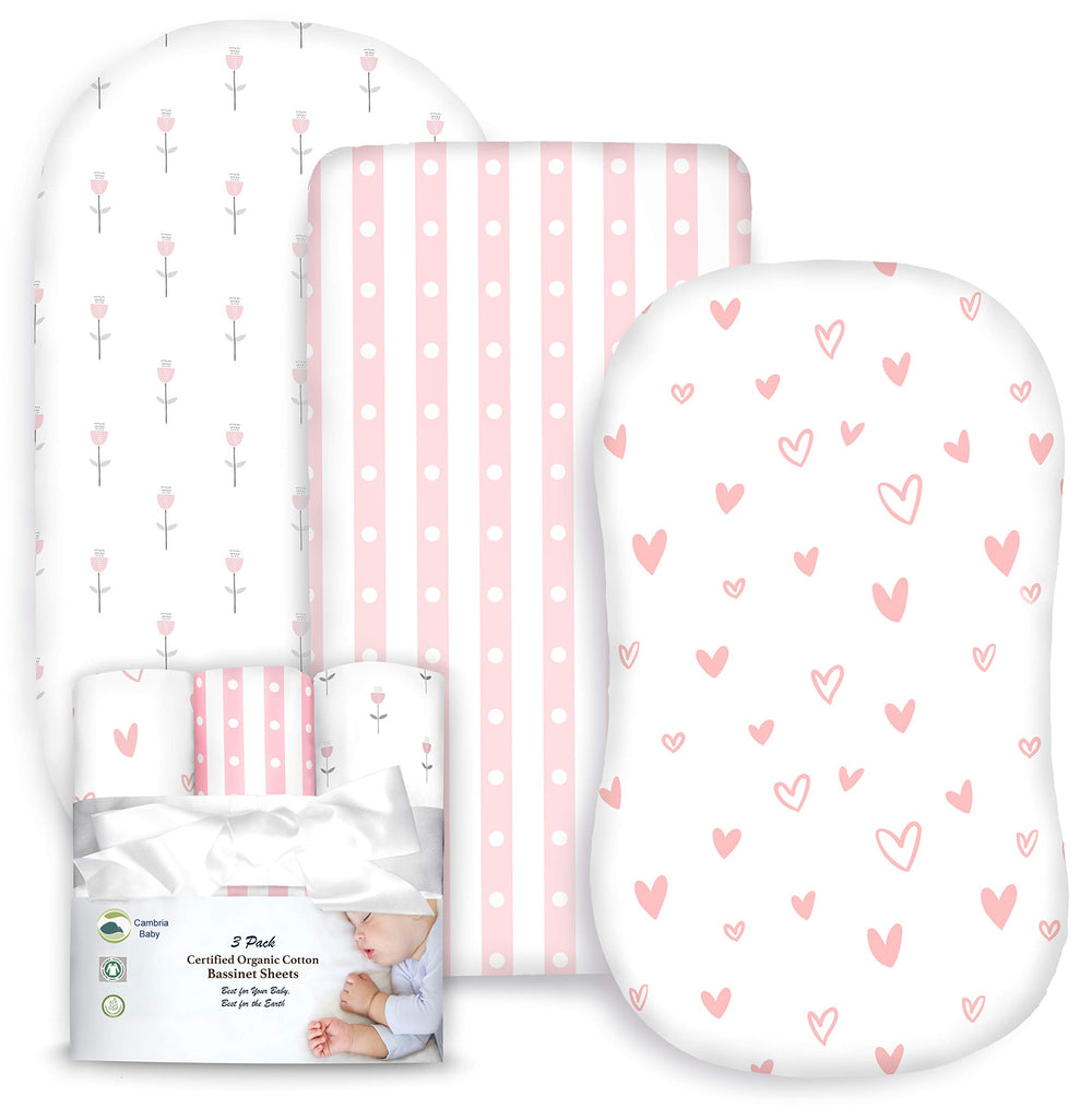 Cambria Baby 3-pack organic cotton bassinet sheets in pink offer a soft, breathable sleep surface.