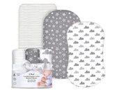 Cambria Baby bassinet sheets gray 3-pack folded for easy nursery refresh and soft comfort.