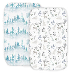 Cambria Baby bedside sleeper sheet forest texture demonstrates ultra-soft organic cotton for baby comfort.