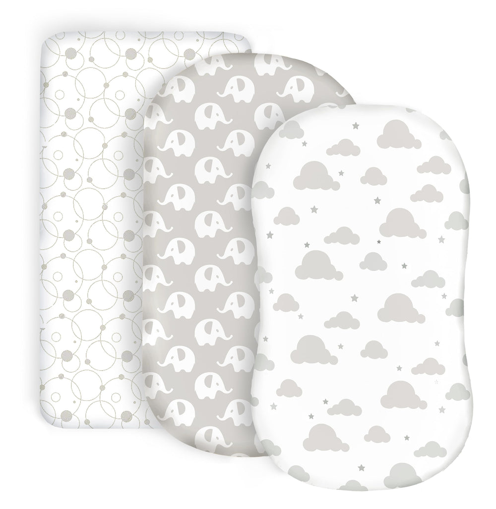 Cambria Baby organic cotton bassinet sheets 3-pack in grey folded, soft and breathable for cozy naps.