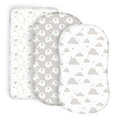 Cambria Baby organic cotton bassinet sheets 3-pack in grey folded, soft and breathable for cozy naps.