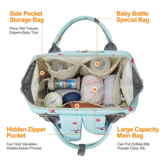 CAMILLEMMA diaper bag backpack side pockets organize wipes and bottles.