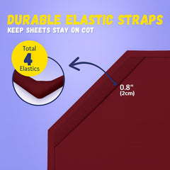 Camp County Beyond burgundy cot sheet microfiber closeup shows soft, breathable fabric.