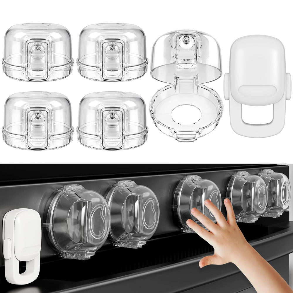 CandyHome stove knob cover pack on a gas stove showing universal fit and safety