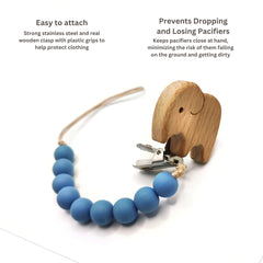 Canjolie wood paci clip attached to stroller keeps pacifiers within reach on outings.