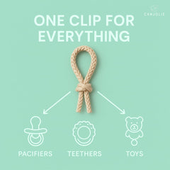 Canjolie Wood Paci Clips clip-attachment shows secure clip design keeps pacifier handy on outfits