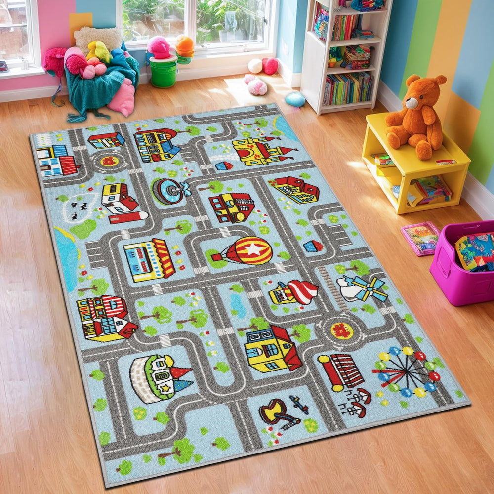 Capslpad kid rug playroom sky blue road shows a spacious, cooperative play area.