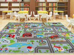 Capslpad kids rug traffic roads in blue and gray support imaginative play and learning.