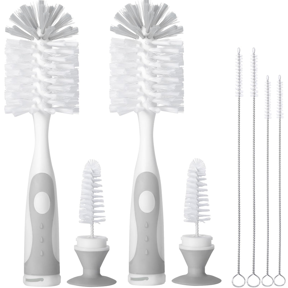 CAREBABYMORE bottle brush with stand in gray promotes easy bottle cleaning and nipple access.