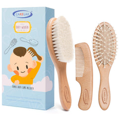 CARELAX Baby Hair Brush closeup showing gentle natural wool bristles for delicate scalp