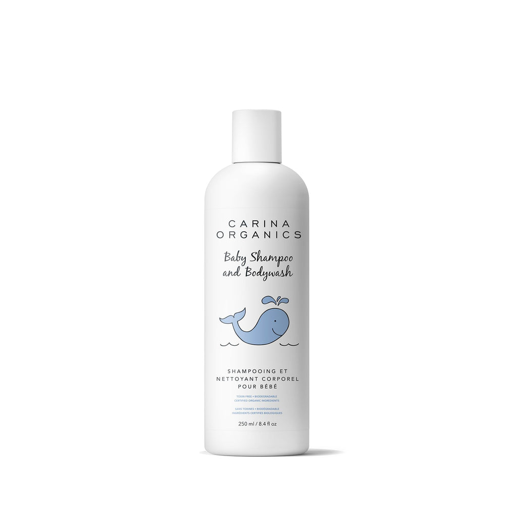Carina Organics Baby Shampoo & Body Wash bottle close-up showing gentle, tear-free cleansing for delicate skin.
