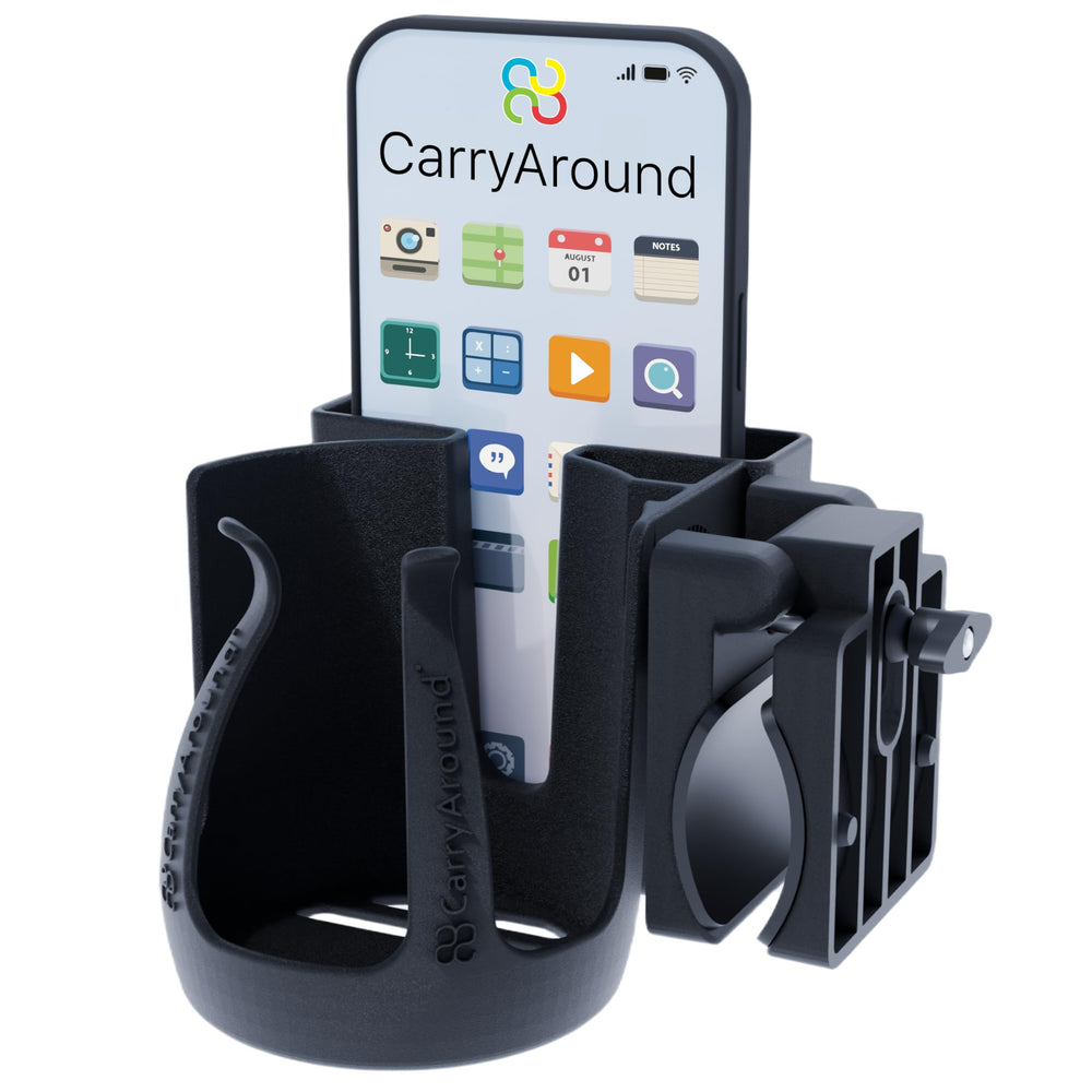 CarryAround side-bar clamp view showing secure mounting on a stroller.