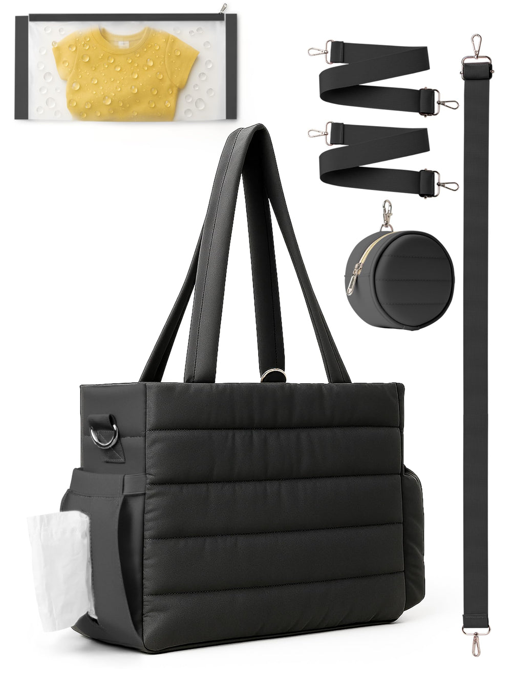 CarryWise large diaper bag tote front view in black, stylish yet practical for hospital use.
